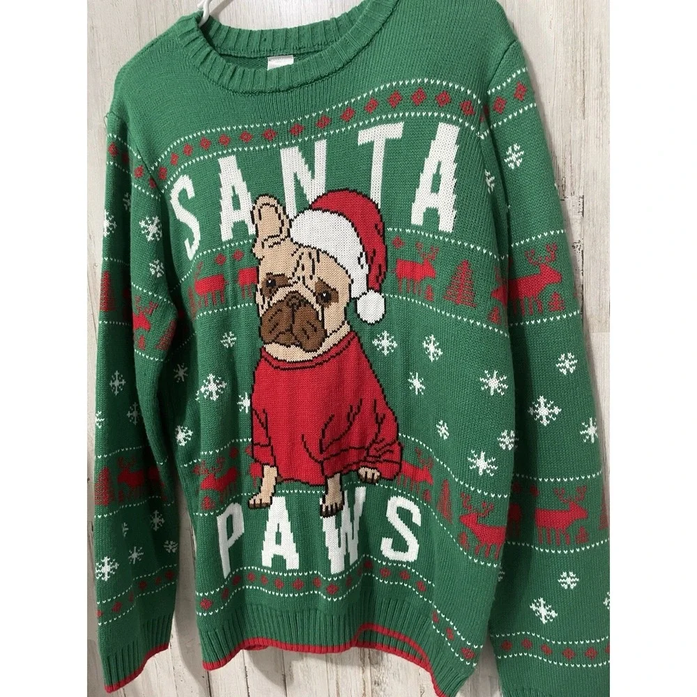 Holiday Time‎ French Bulldog Santa Paws Ugly Christmas Sweater Green XXL